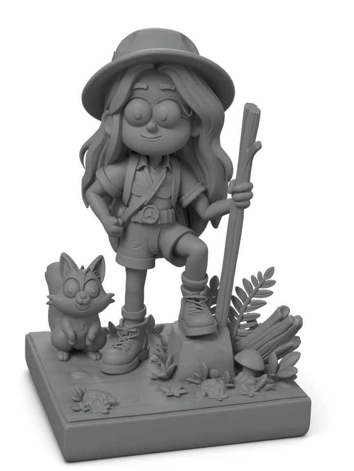Figura de una exploradora con una ardilla, impresa en SLA (resina gris) y sin pintar.