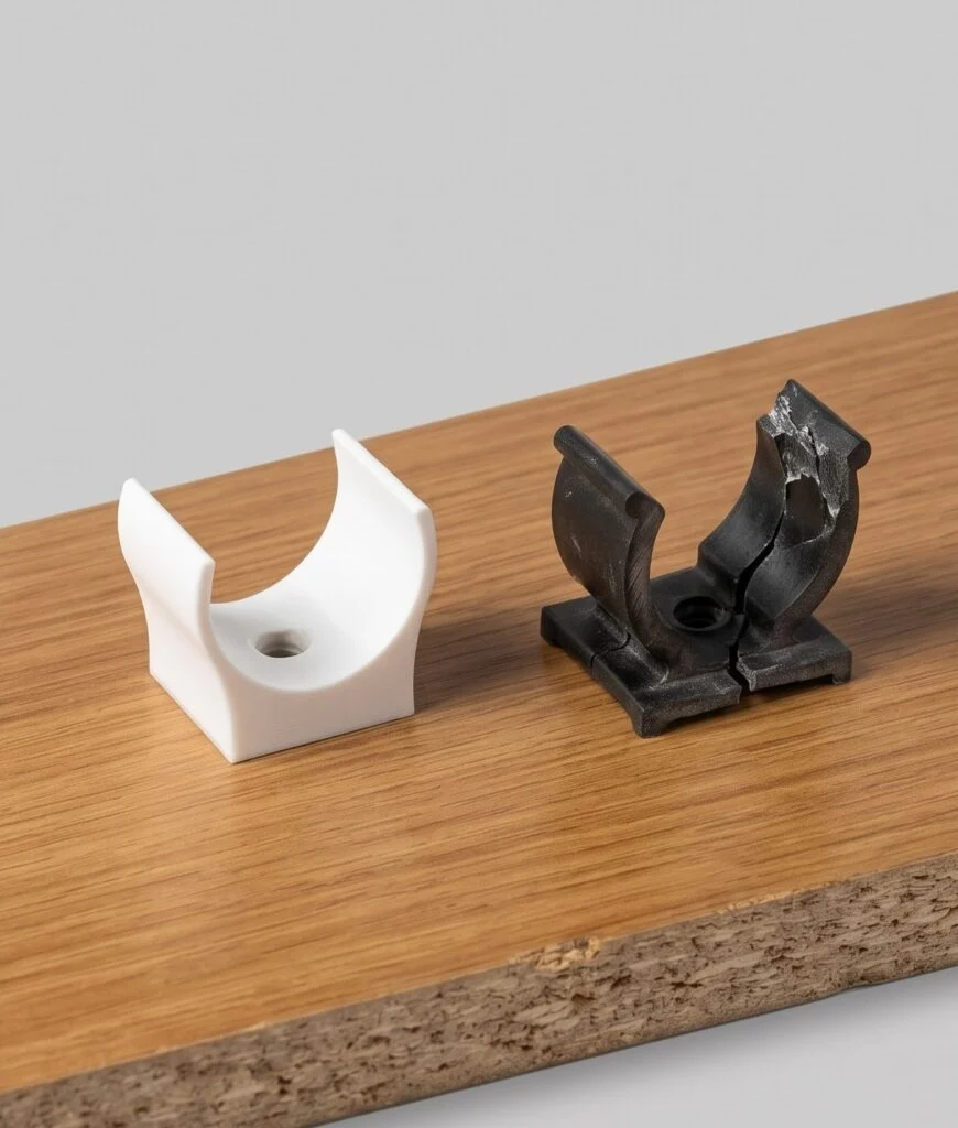 Un soporte de tubo partido en dos, en negro, y al lado su repuesto impreso en 3D en blanco.