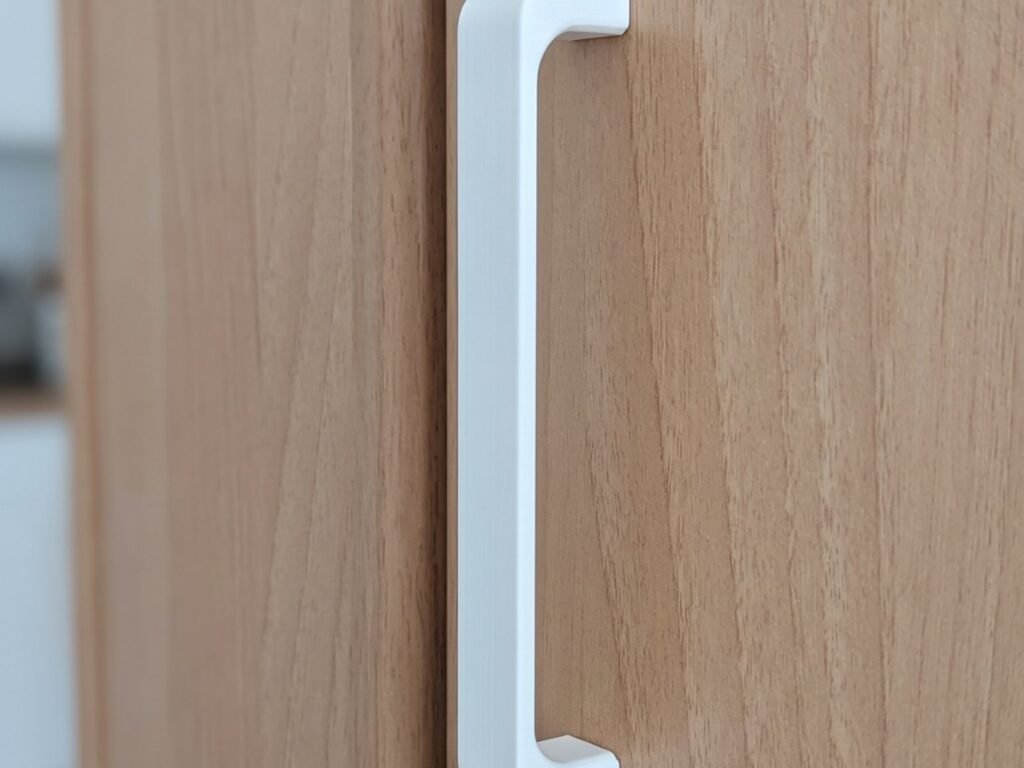 Tirador blanco impreso en 3D montado en la puerta de un armario de madera clara.