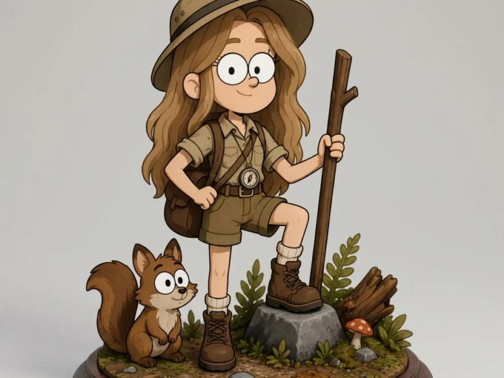 Imagen de la figura de una exploradora con una ardilla sobre una base redonda, la idea de lo que iría encima del pulsador